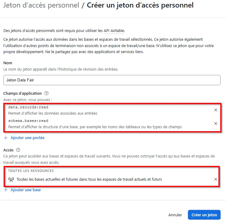 Création d'un jeton d'accès personnel
