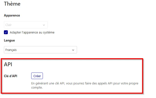 Génération d'une clé d'API dans les paramètres du compte