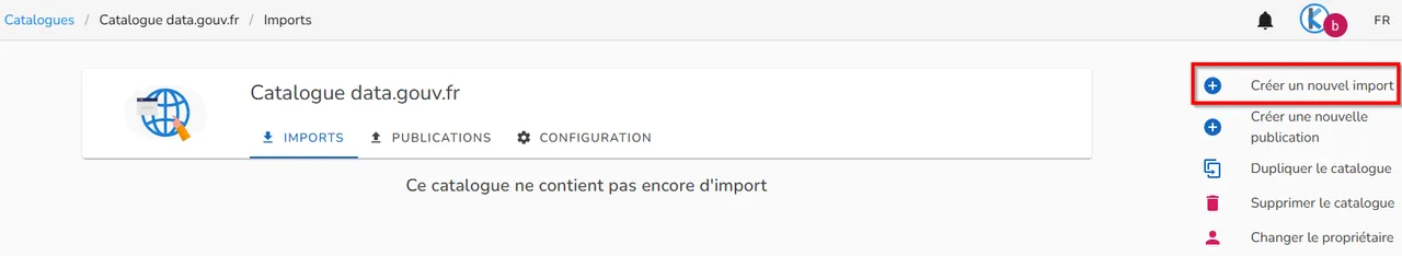 Page d'imports des jeux de données