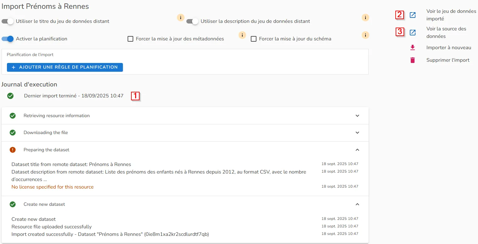 Page d'import d'un jeu de données
