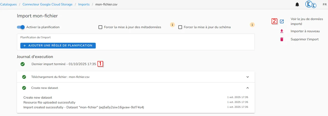 Page d'imports des jeux de données