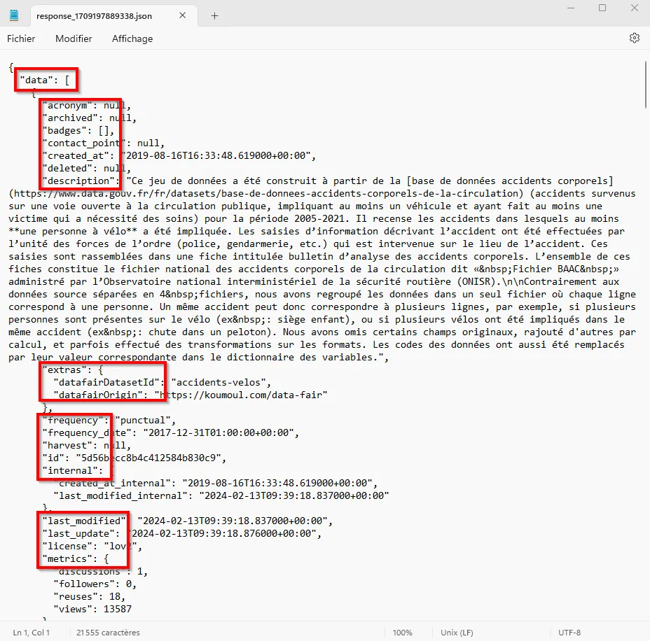 Réponse de la requête au format JSON
