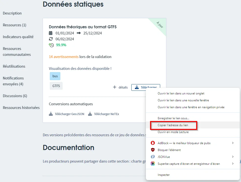Adresse de téléchargement des données GTFS