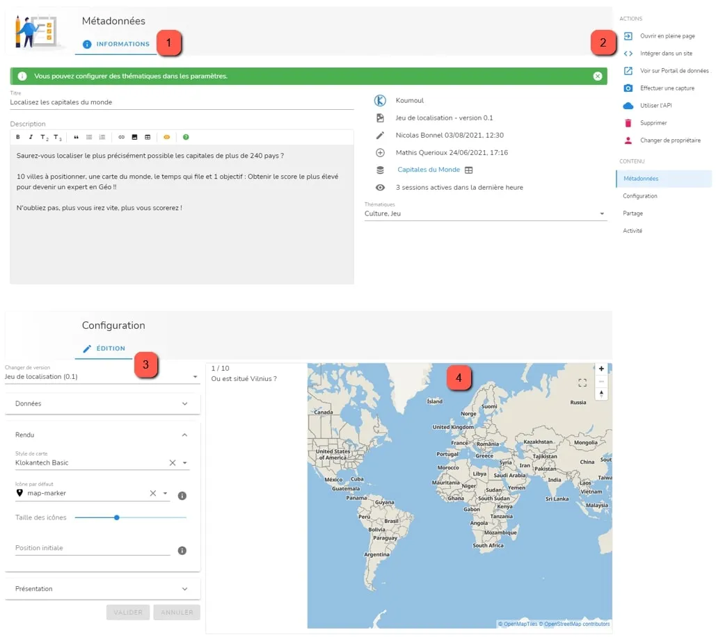 Les différentes sections de la page de configuration de la visualisation
