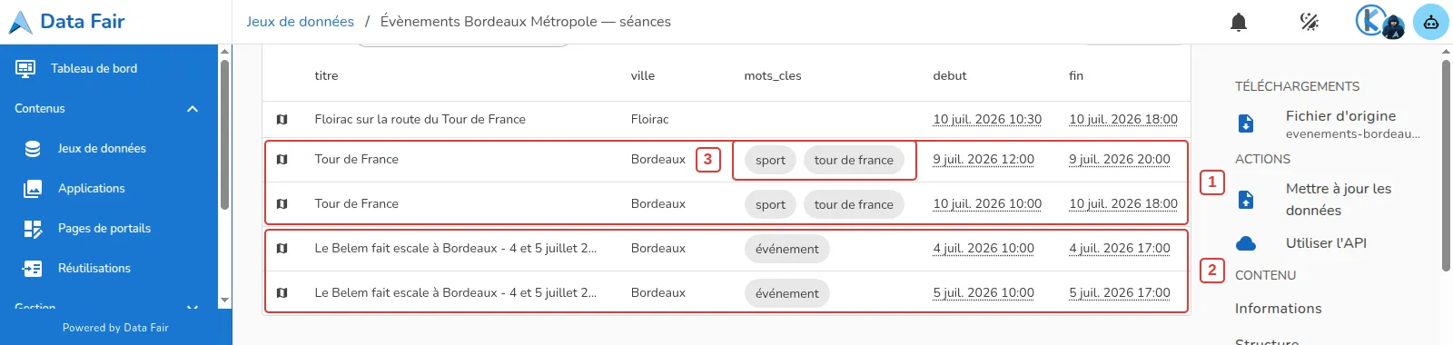 Une ligne par séance dans le jeu produit