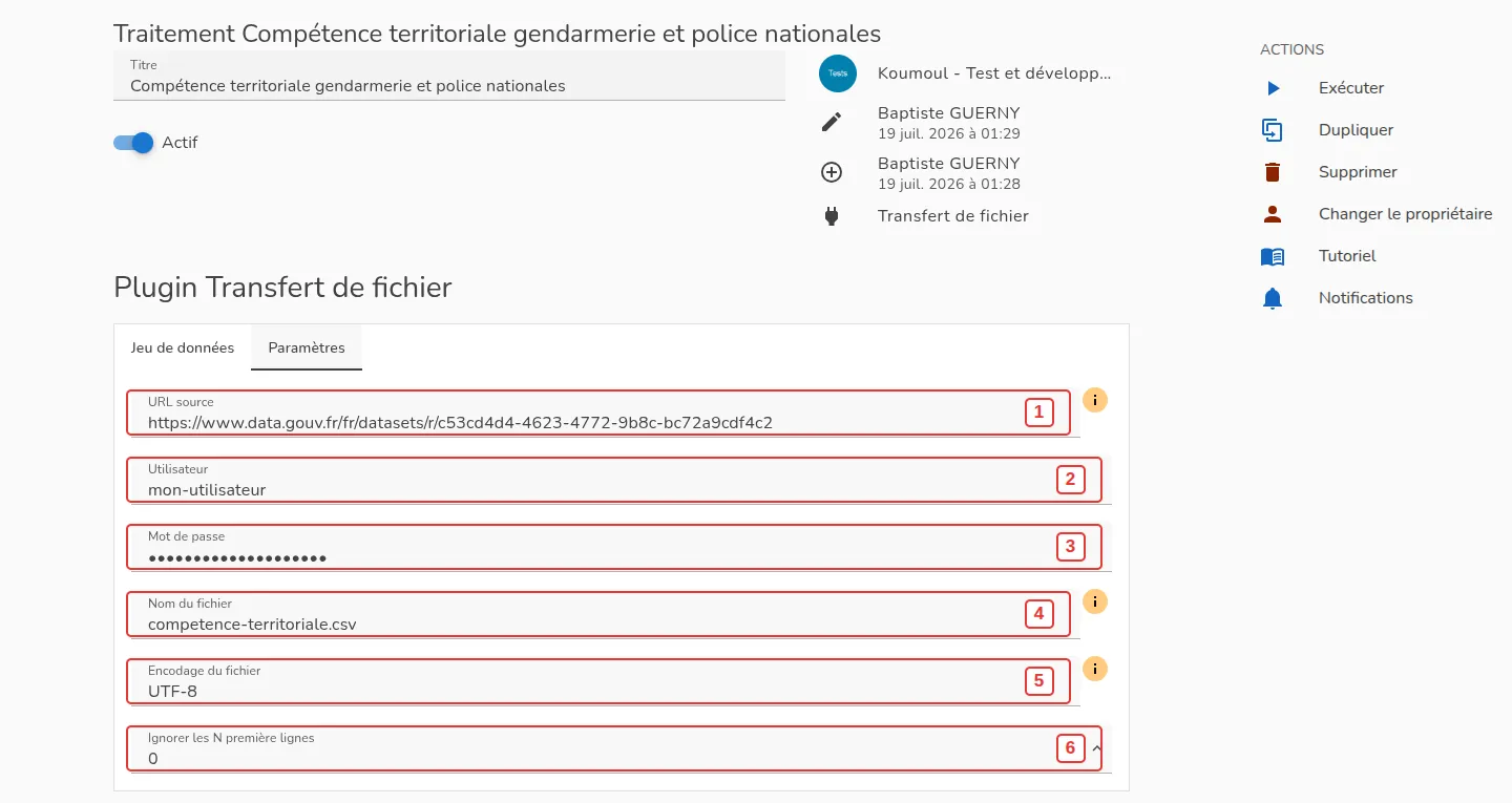 L'onglet Paramètres du plugin Transfert de fichier