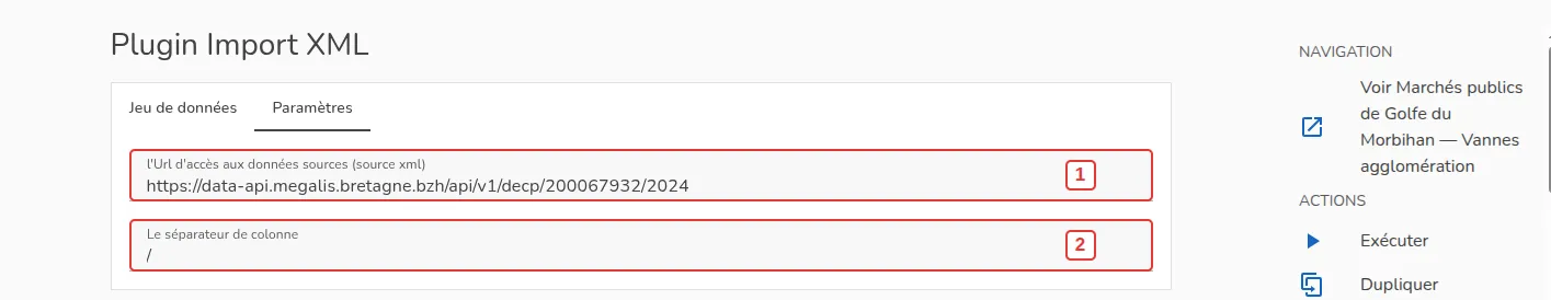 Onglet Paramètres du traitement Import XML