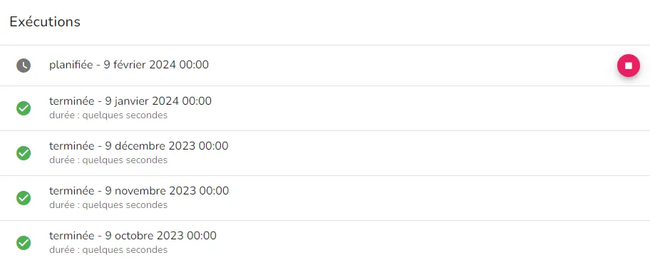 Liste des exécutions