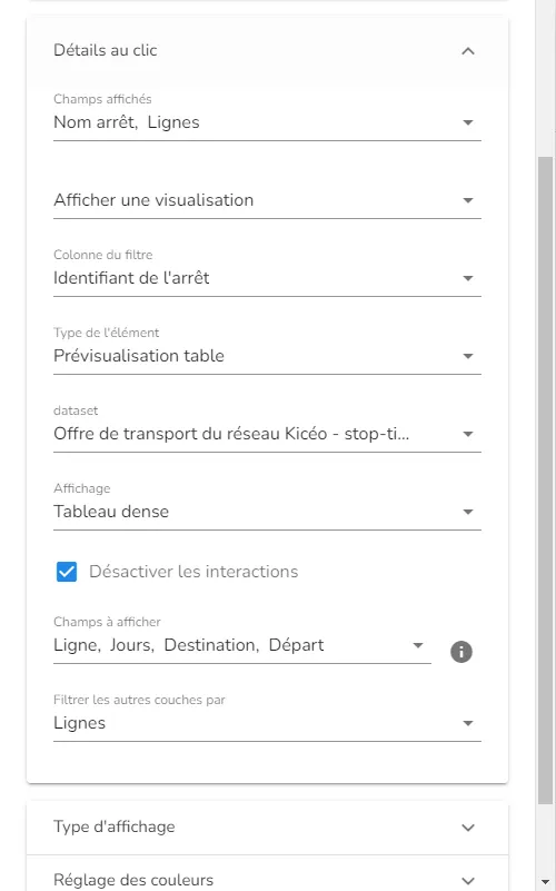 Configuration des détails au clics